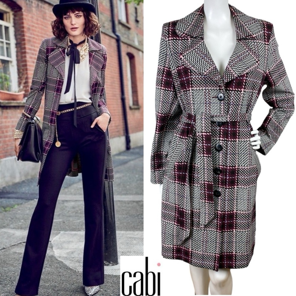 CAbi 3370 Sovereign Trench Coat Plaid Jacket Belted Cotton Ponte Knit Sz Medium